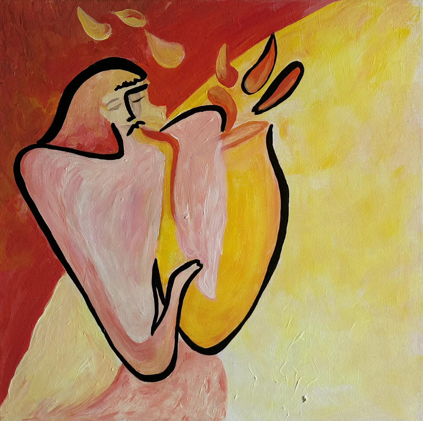 Large abstract oil painting by Rim Fartat with blue and gold tones, perfect for art collectors